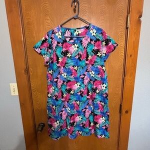 Tropical 100% Cotton Gown Night Shirt Flowers Ferns Flamingos 2X to 3X